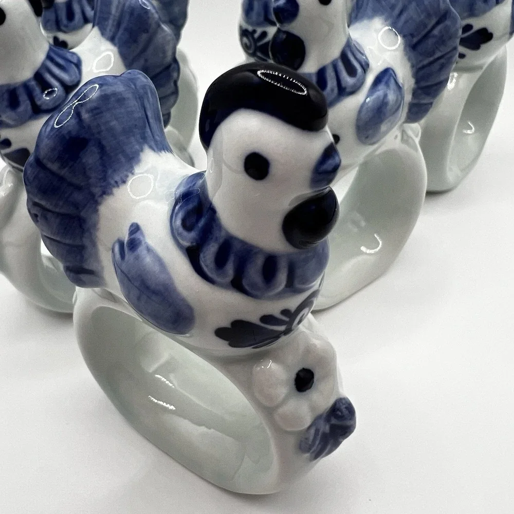 Hen Blue Ceramic Napkin Rings Farmhouse Cottagecore Chicken Vintage Set of 6